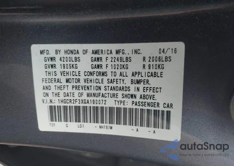 2016 Honda Accord Lx из США, поврежденный, VIN 1HGCR2F3XGA190072